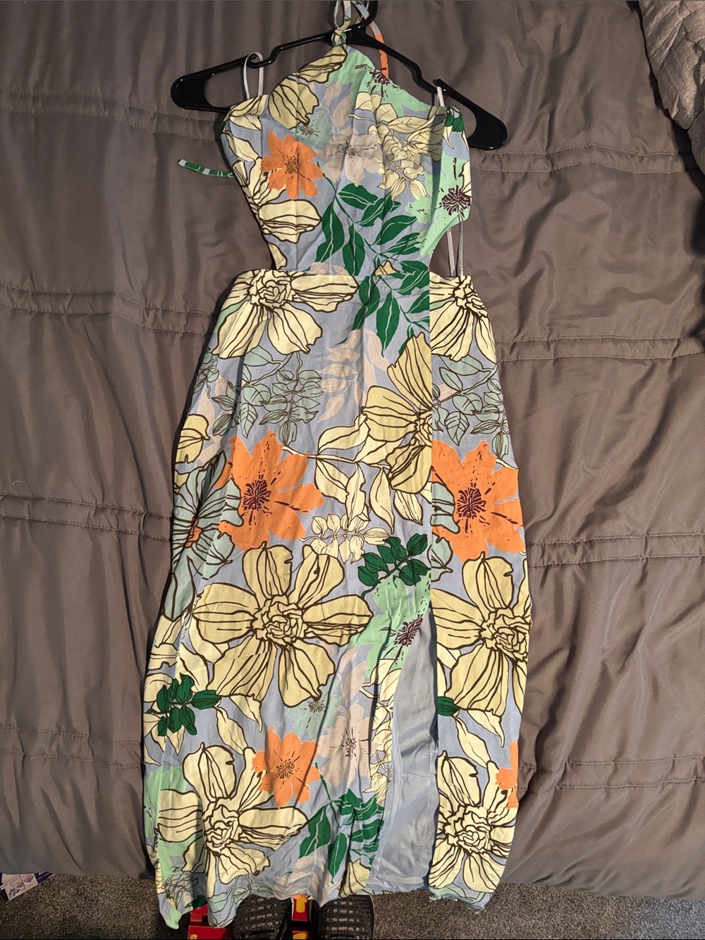 Lulu's Light Blue Floral Backless Halter Maxi Dress with Orange & Green Accents